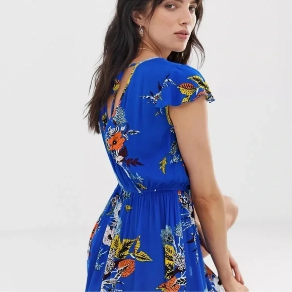 Band of Gypsies Blue Floral Wrap Maxi Dress Medium - Picture 2 of 10